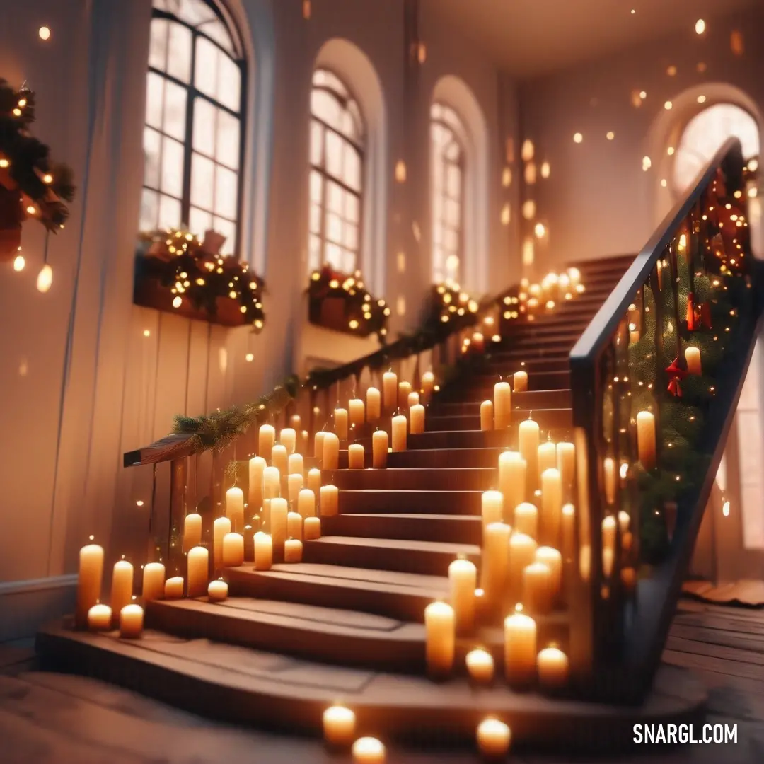 Deep coffee color. Staircase with lit candles on it and a christmas tree on the side of it with lights on the steps