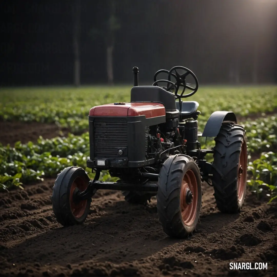 A tranquil nighttime scene featuring a sturdy tractor parked amidst lush crops swaying gently in the cool evening breeze. The rich shades of blue and green create a serene contrast against the contrasting dark sky, evoking a sense of calm.