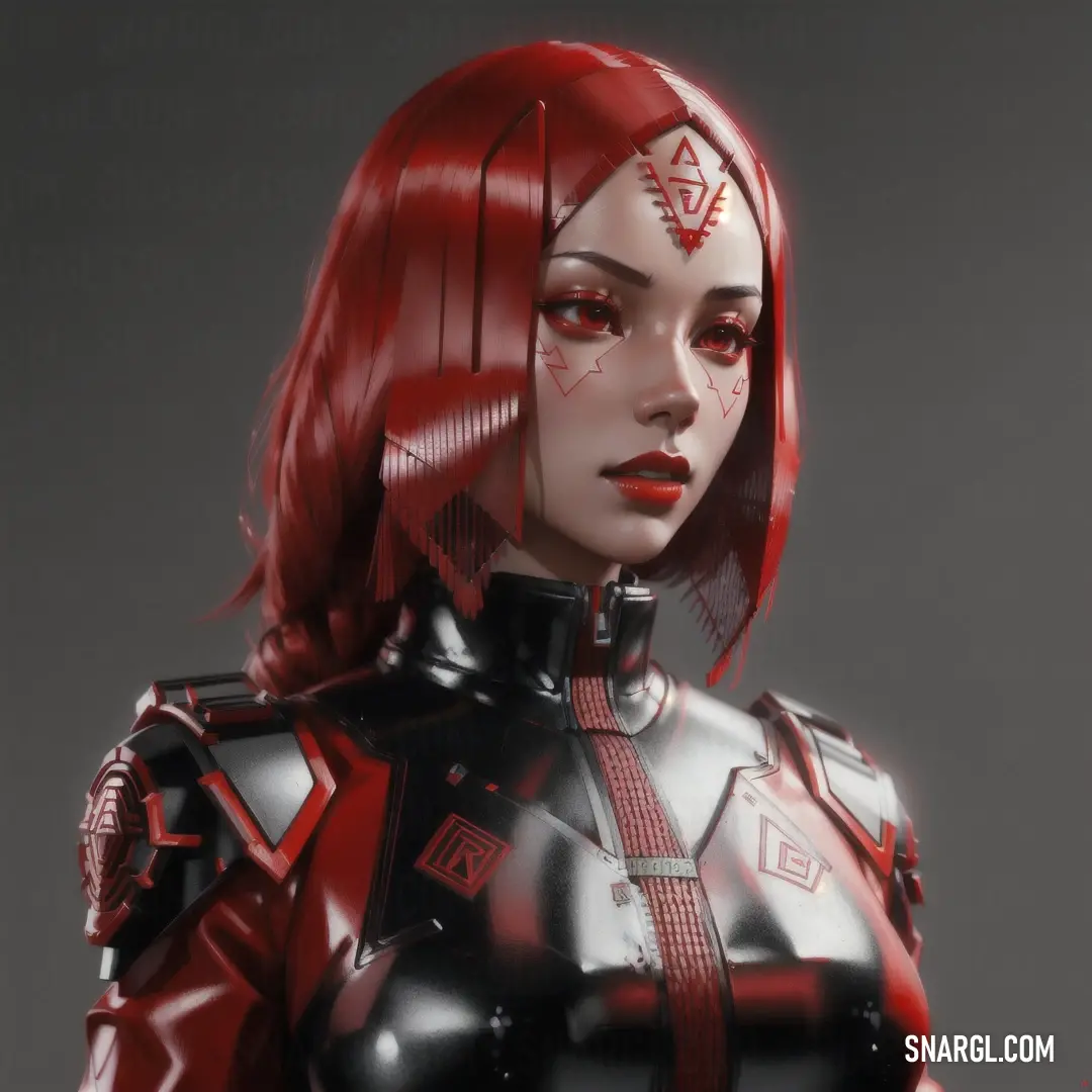 Woman in a futuristic suit with red hair and makeup