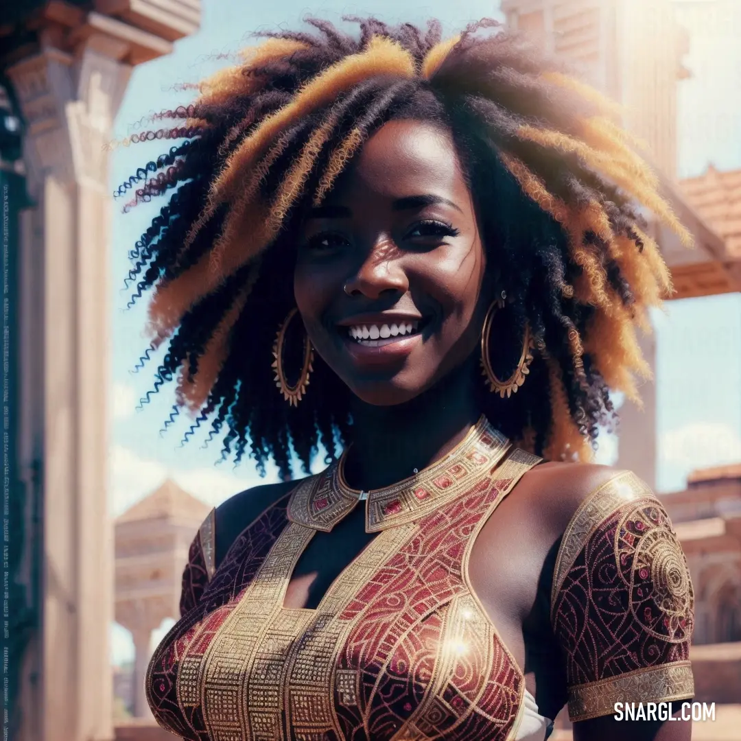 Woman with dreadlocks and a dress smiling for the camera in a city setting with a fountain
