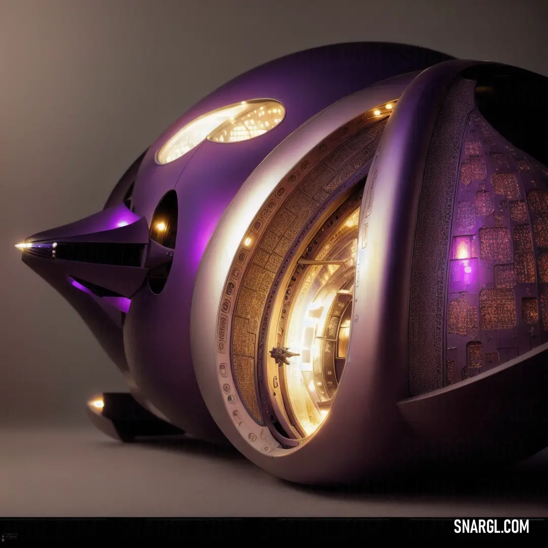 Futuristic looking object with a purple light on it's side and a yellow light on the top of it