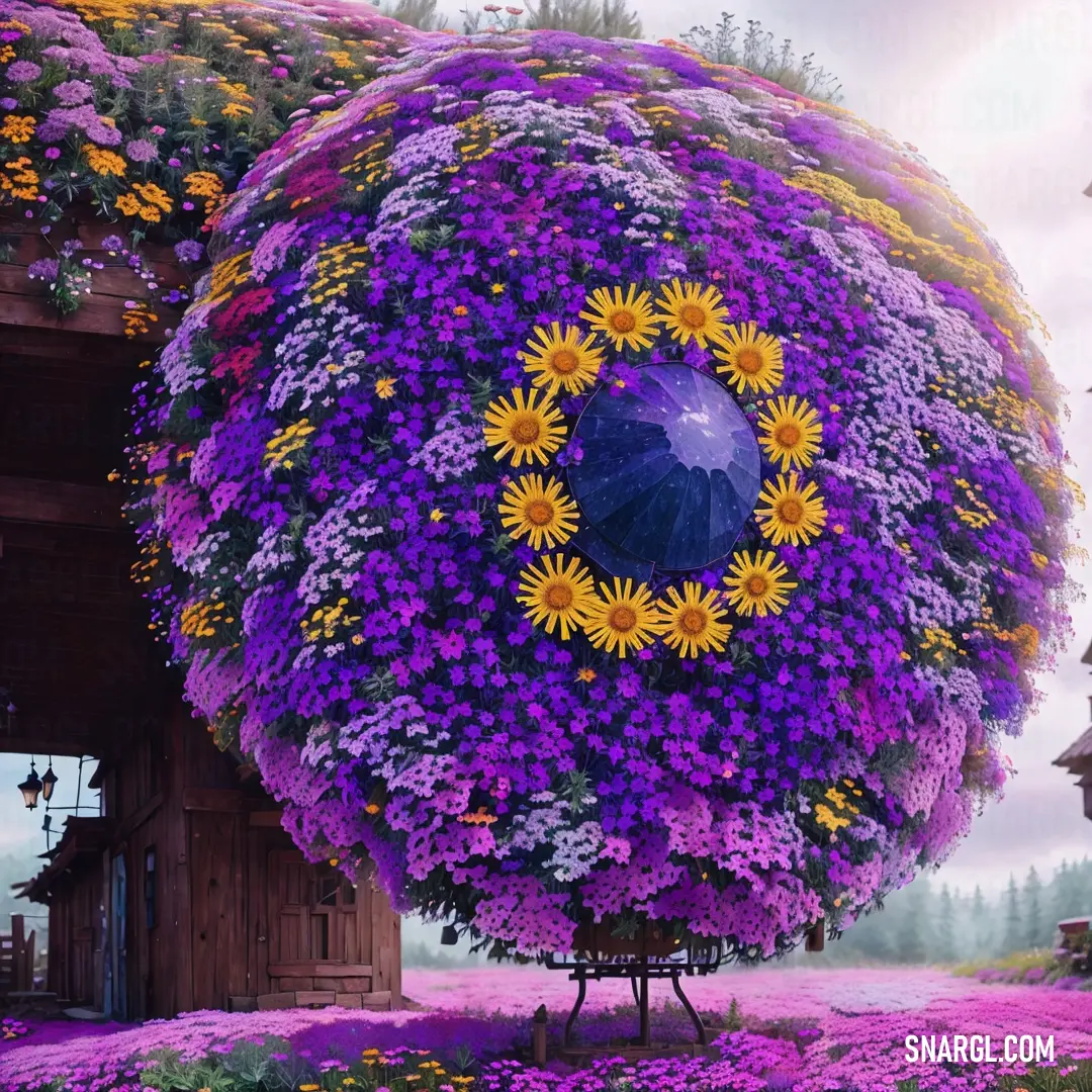 Large flower covered building with a blue umbrella in the center of it's flower garden area