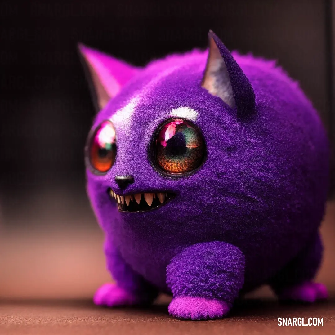 Purple stuffed animal with big eyes and a weird smile on its face