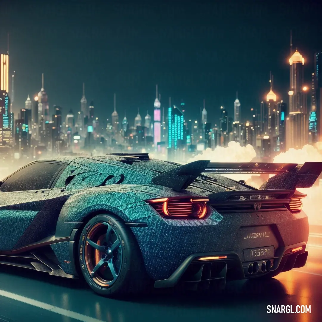 Futuristic car driving through a city at night with a city skyline in the background and a glowing neon light