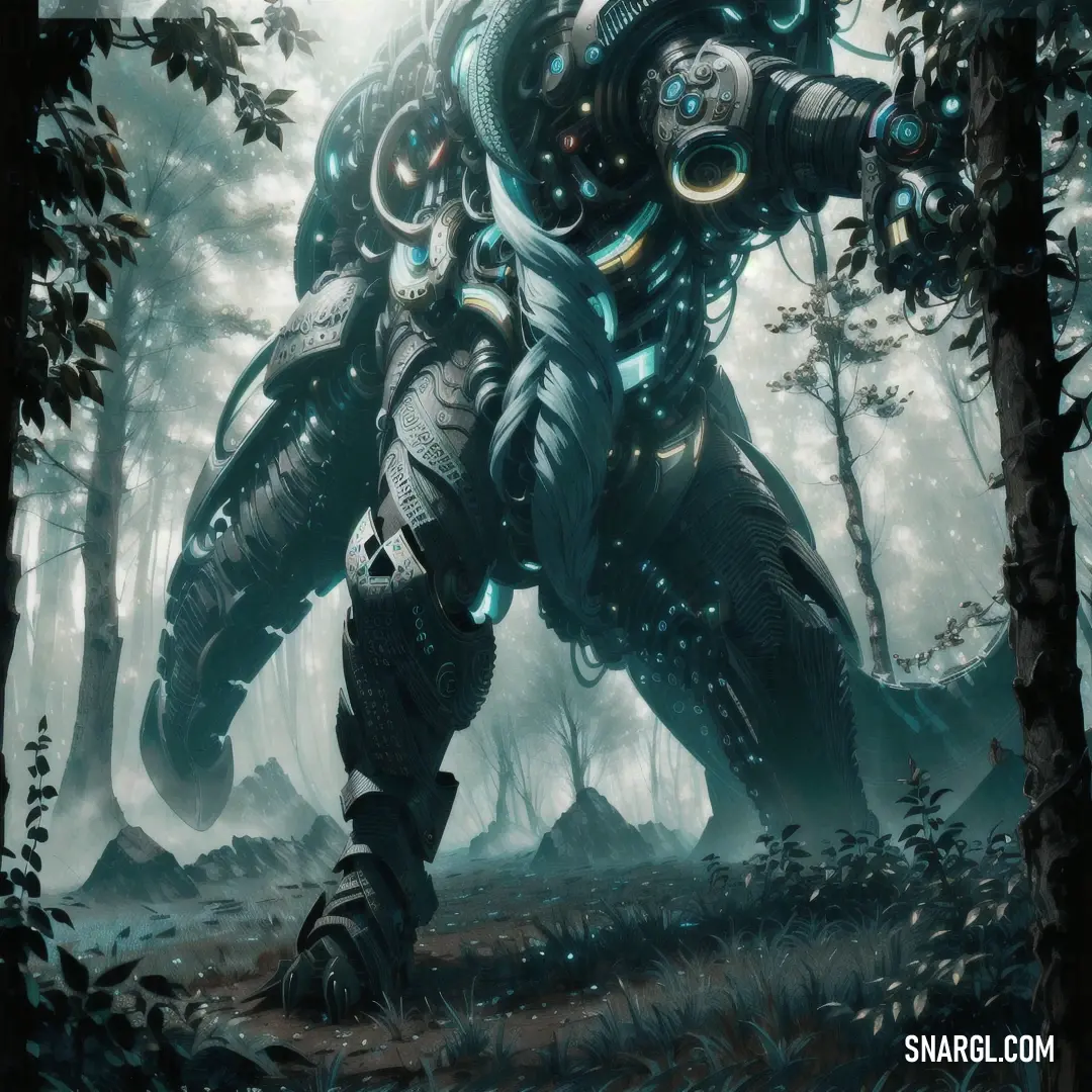 Man in a futuristic suit walking through a forest with a giant robot like creature on his back and arms