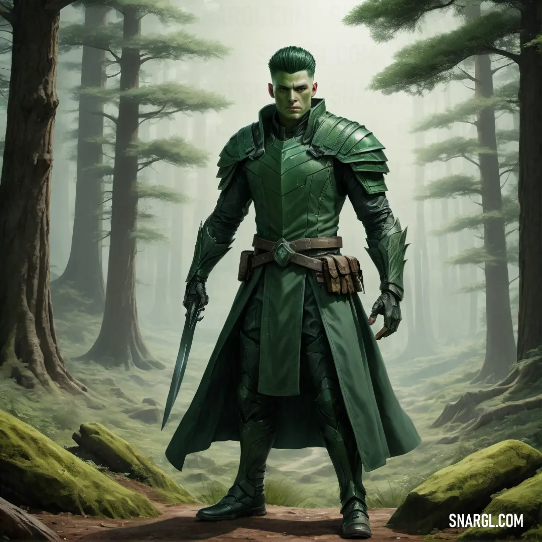 Man in a green outfit standing in a forest with a sword in his hand
