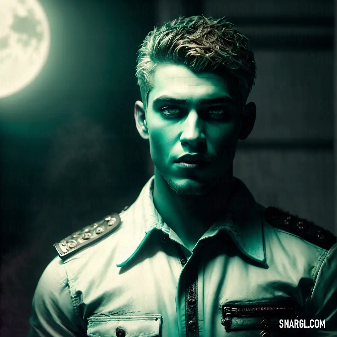 Man in a military uniform with a green light on his face and a moon in the background
