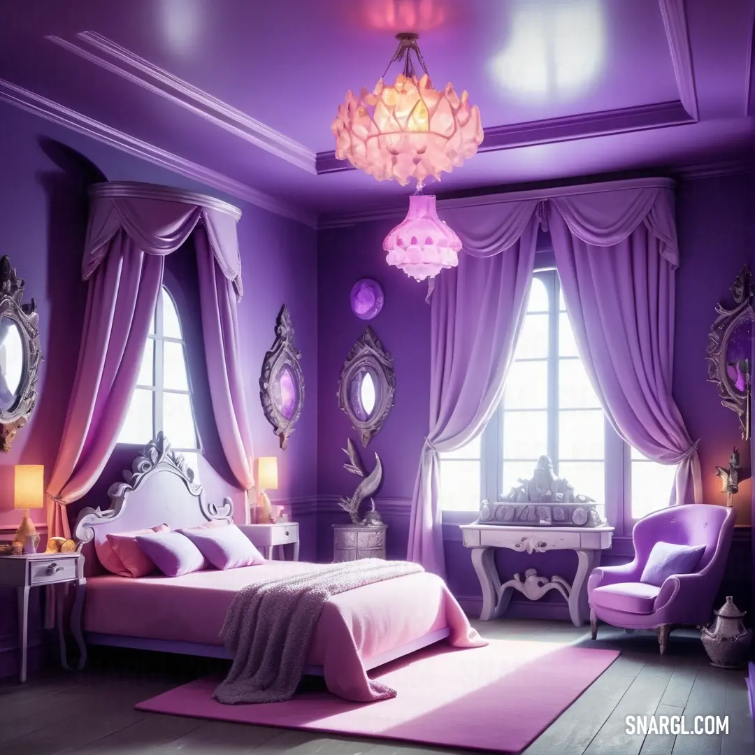 Deep lilac color example: Bedroom with purple walls and a chandelier hanging from the ceiling and a bed with a pink blanket on it