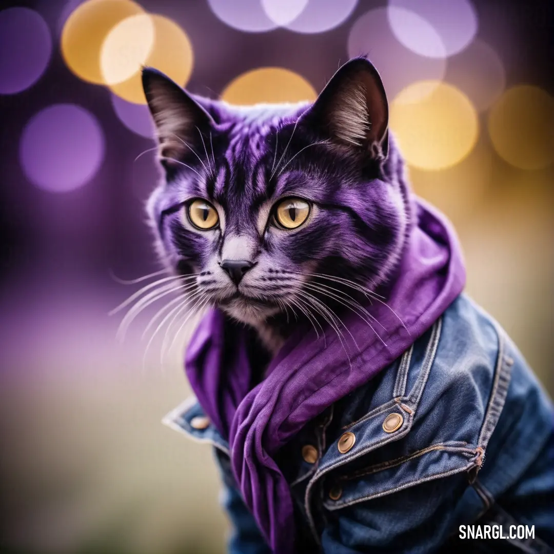 Cat wearing a jacket and a scarf on its head is looking at the camera with a blurry background. Example of CMYK 18,55,0,27 color.