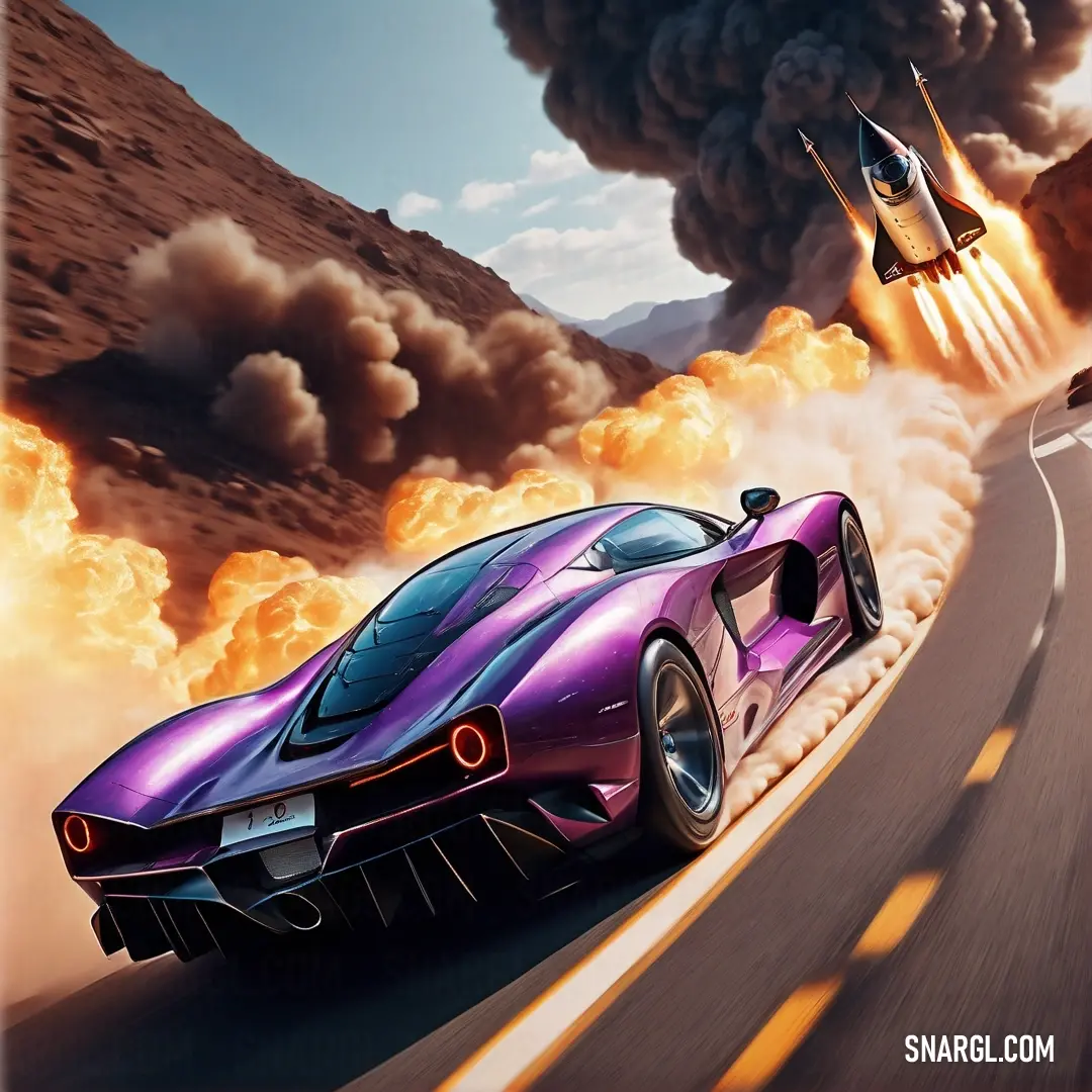 Purple sports car driving down a road with a jet in the sky above it and a jet flying over it. Example of CMYK 18,55,0,27 color.