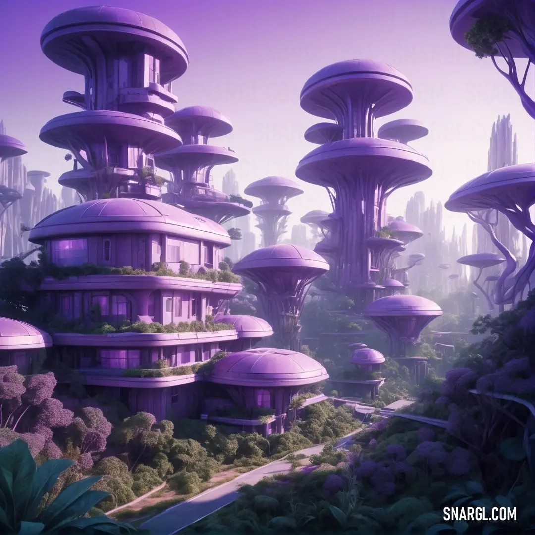 Futuristic city with trees and plants growing on it's sides and a pathway leading to it's rooftops. Example of Deep lilac color.