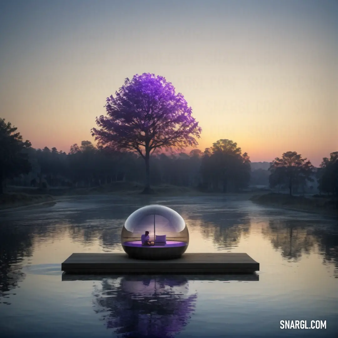 Large crystal ball on top of a wooden platform near a lake at sunset with a tree in the background. Color RGB 153,85,187.