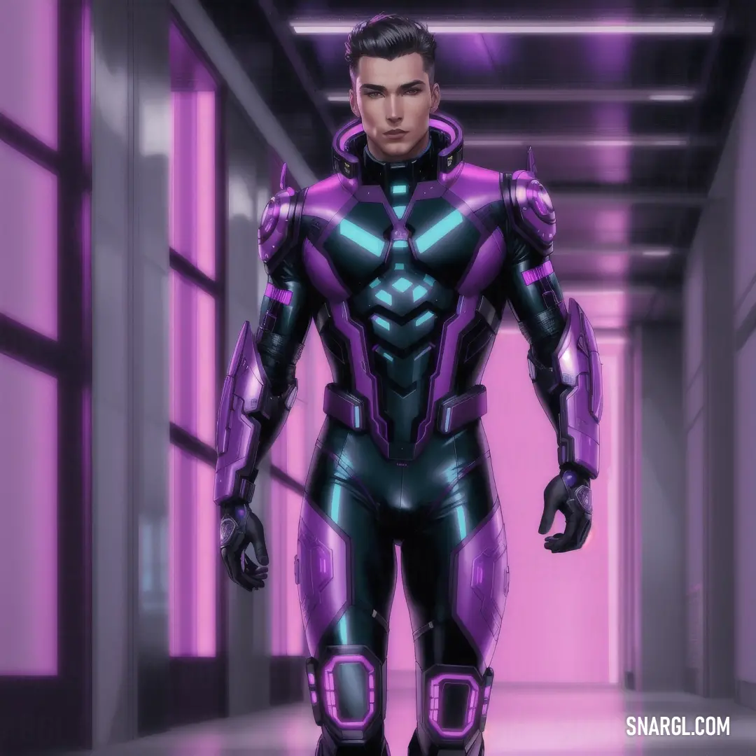 Man in a futuristic suit standing in a hallway with a pink background and a purple light behind him. Example of RGB 153,85,187 color.
