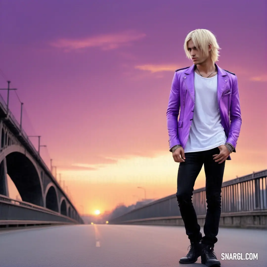 Man standing on a bridge with a purple sky in the background and a bridge in the foreground. Color RGB 153,85,187.