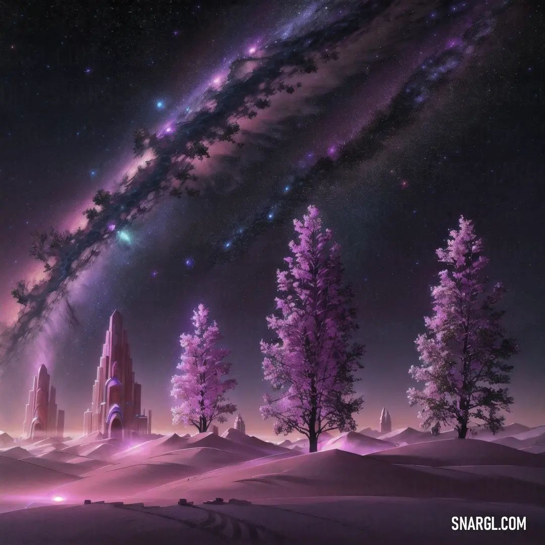 Deep lilac color example: Night scene with a large galaxy in the background