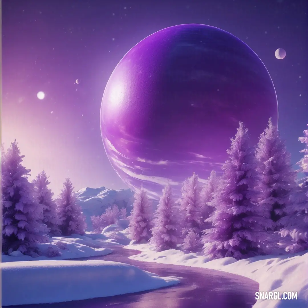 Painting of a purple sphere in the snow with trees around it and a river running through it. Color RGB 153,85,187.