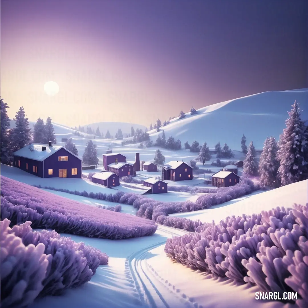 Painting of a snowy landscape with a house and trees in the background. Color #9955BB.