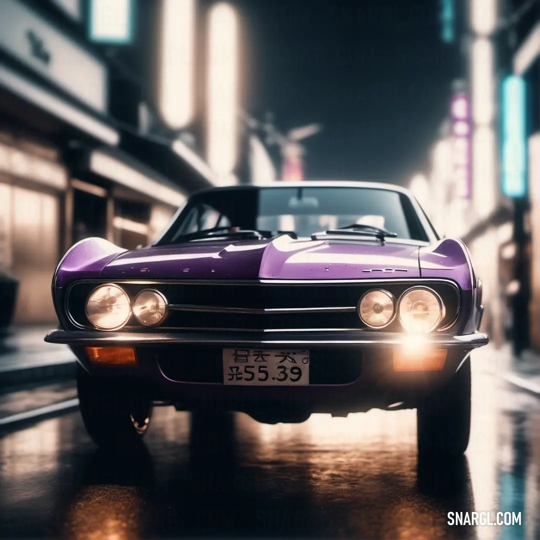 Deep lilac color. Purple car parked on a wet street at night with a neon light on it's headlight