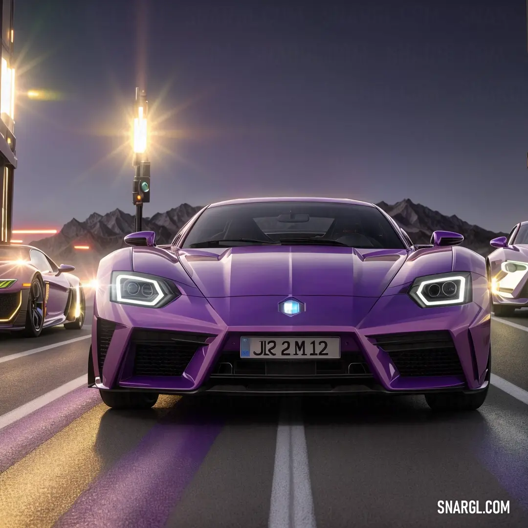 Purple sports car driving down a street at night with other cars behind it and a traffic light in the background