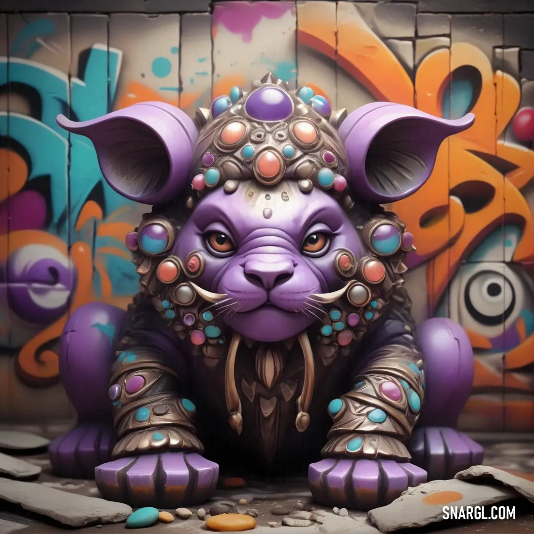 Purple statue of a cat with lots of colorful decorations on it's face and body. Color CMYK 18,55,0,27.