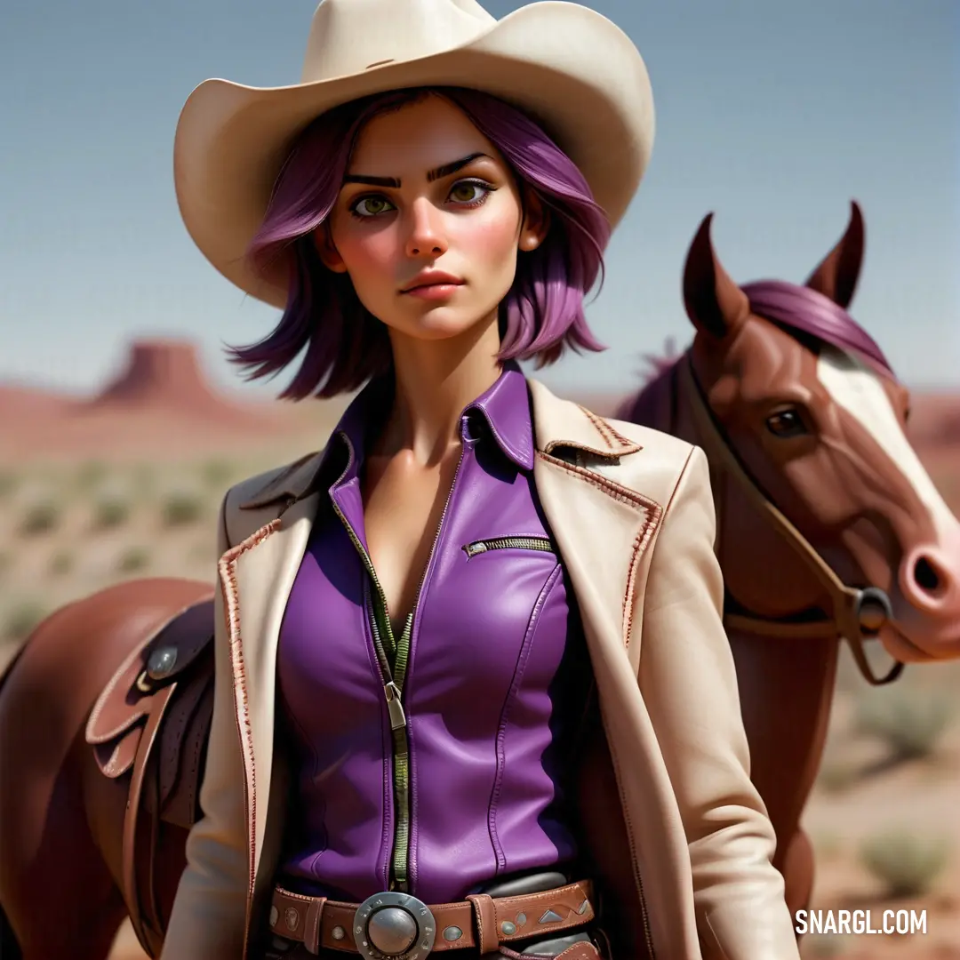 Woman in a cowboy hat and purple shirt standing next to a horse in the desert. Color RGB 153,85,187.