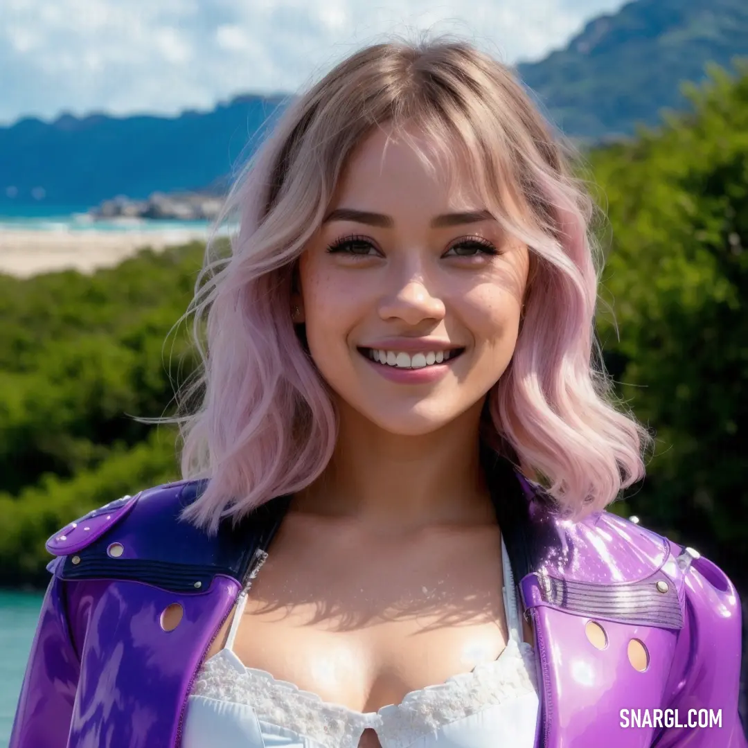 Woman with pink hair and a purple jacket smiling at the camera with a mountain in the background and a body of water in the foreground