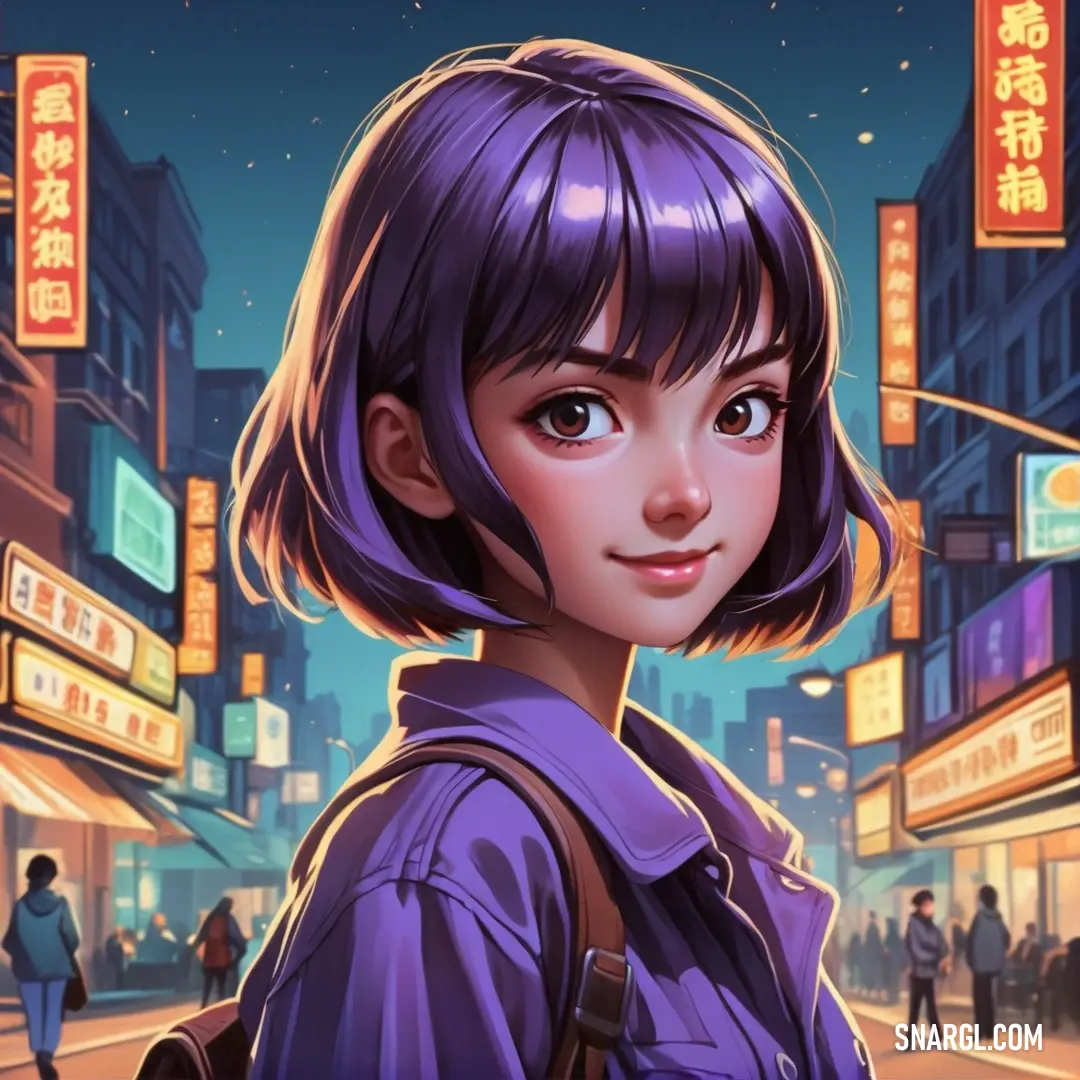Woman with purple hair and a backpack on a city street at night with neon signs and buildings in the background