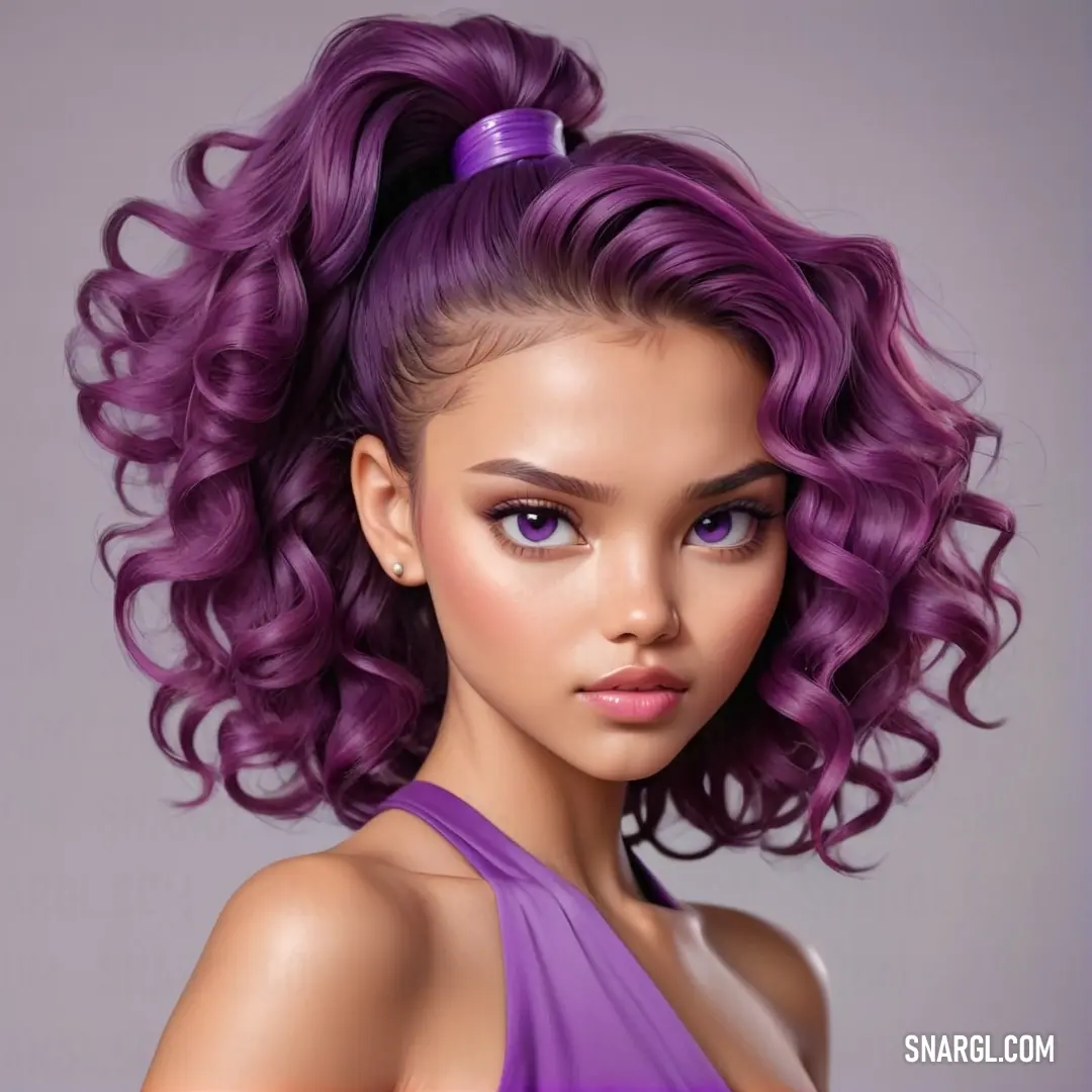 Woman with purple hair and a purple dress is shown in this digital painting image of a woman with purple hair