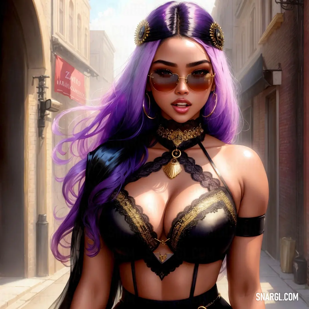 Woman with purple hair and glasses on a street corner wearing a bra and a choker with gold chains