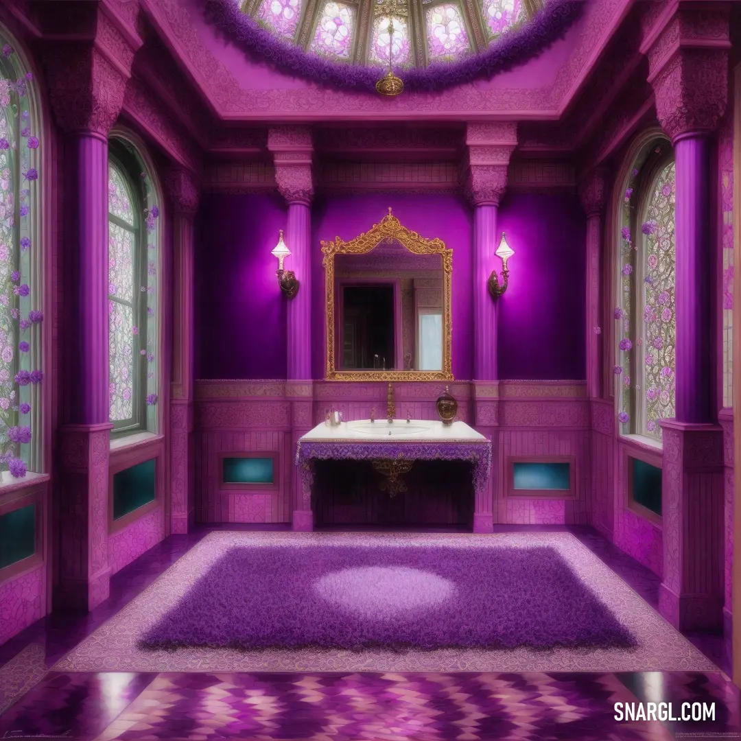 Bathroom with a purple rug and a purple sink and mirror in it and a purple rug on the floor. Example of #CC00CC color.