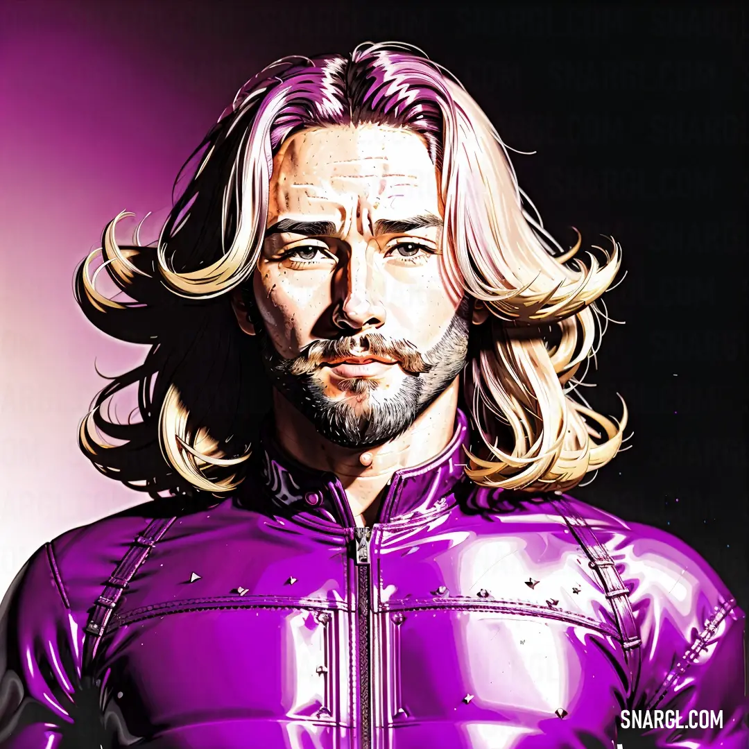 Deep magenta color example: Man with long blonde hair and a beard wearing a purple leather jacket with a black background