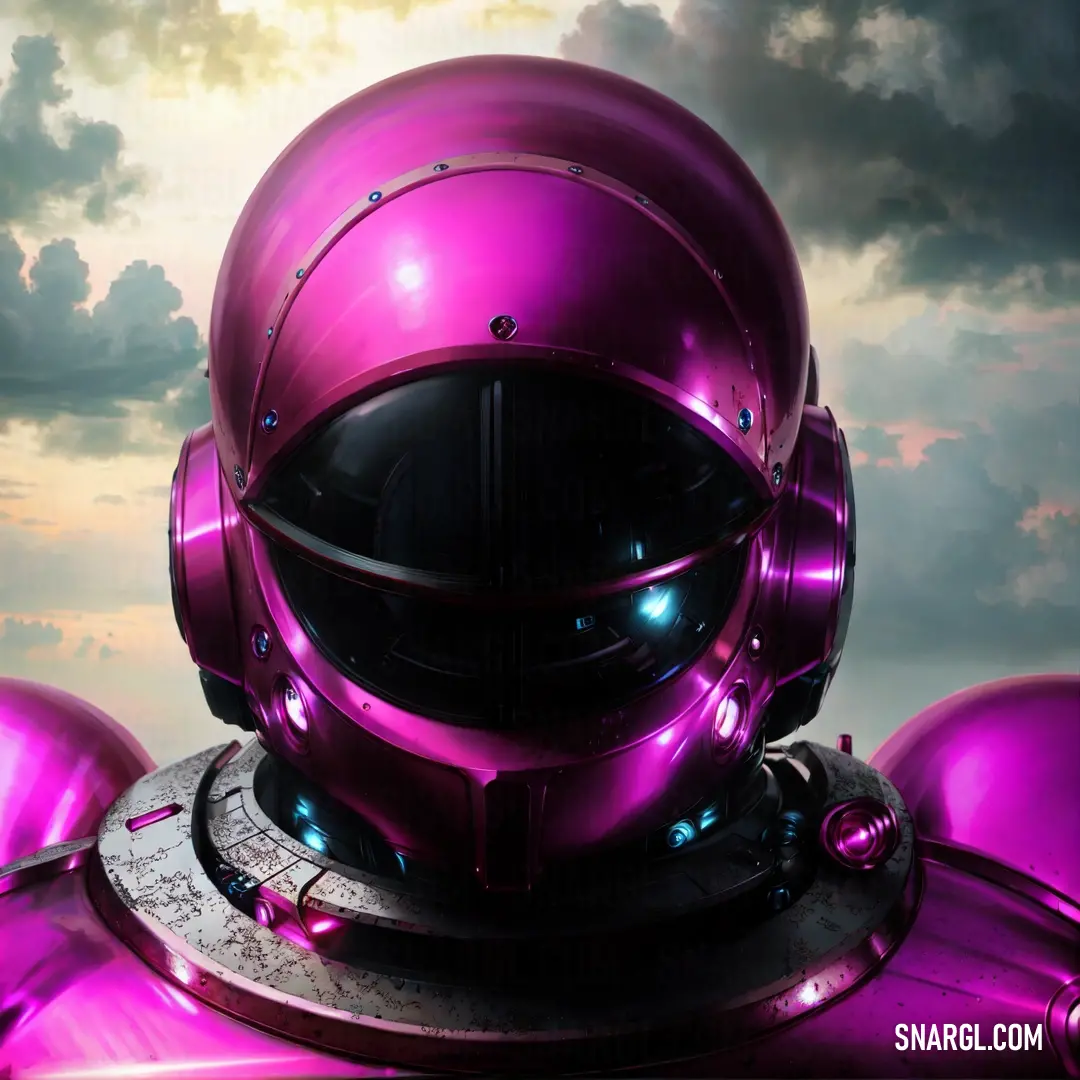 Futuristic helmet is shown in front of a cloudy sky with clouds in the background and a bright light shining on the helmet