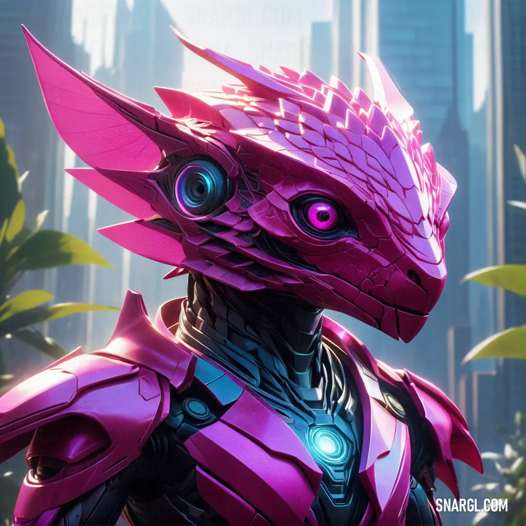 Pink creature with a futuristic look on its face and chest. Example of #CC00CC color.