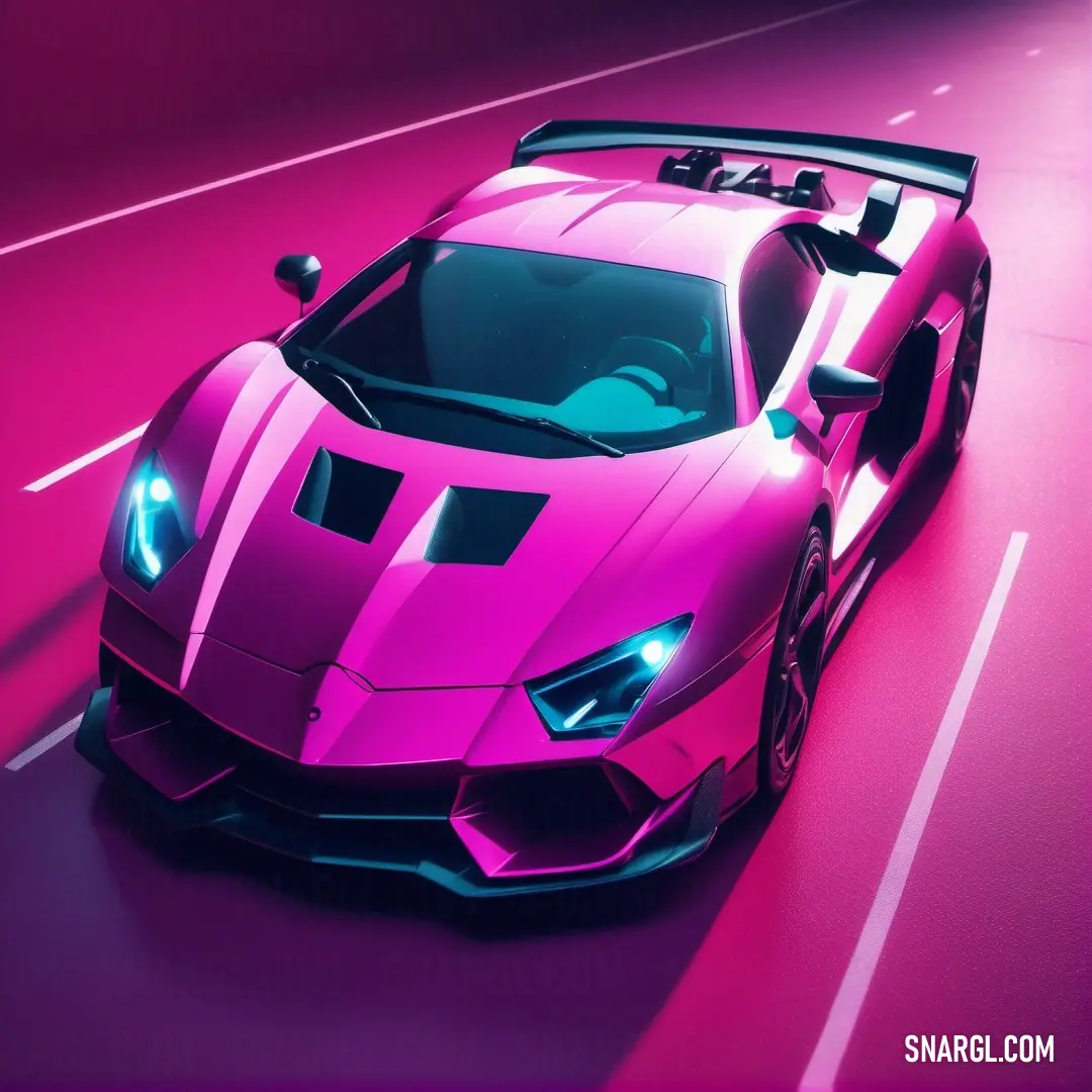 Pink sports car driving down a road with a bright pink background