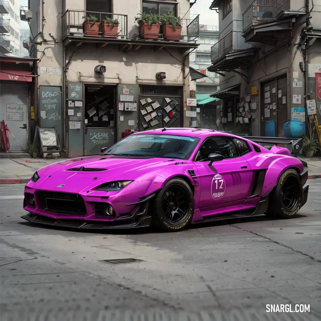 Pink sports car parked in front of a building on a city street with a planter on the side of the building. Example of RGB 204,0,204 color.