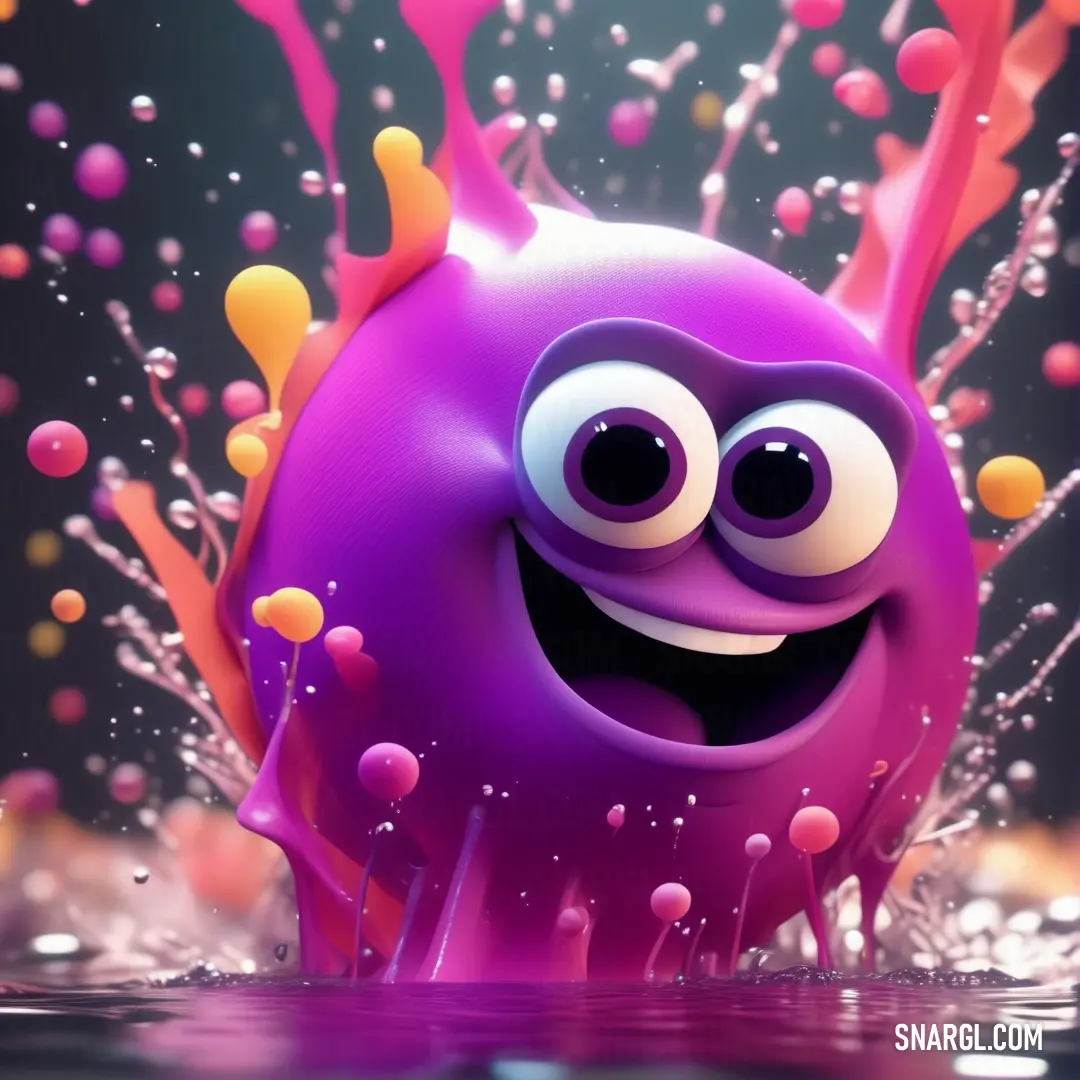 Deep magenta color. Purple ball with eyes and a smile on it's face in the water with bubbles
