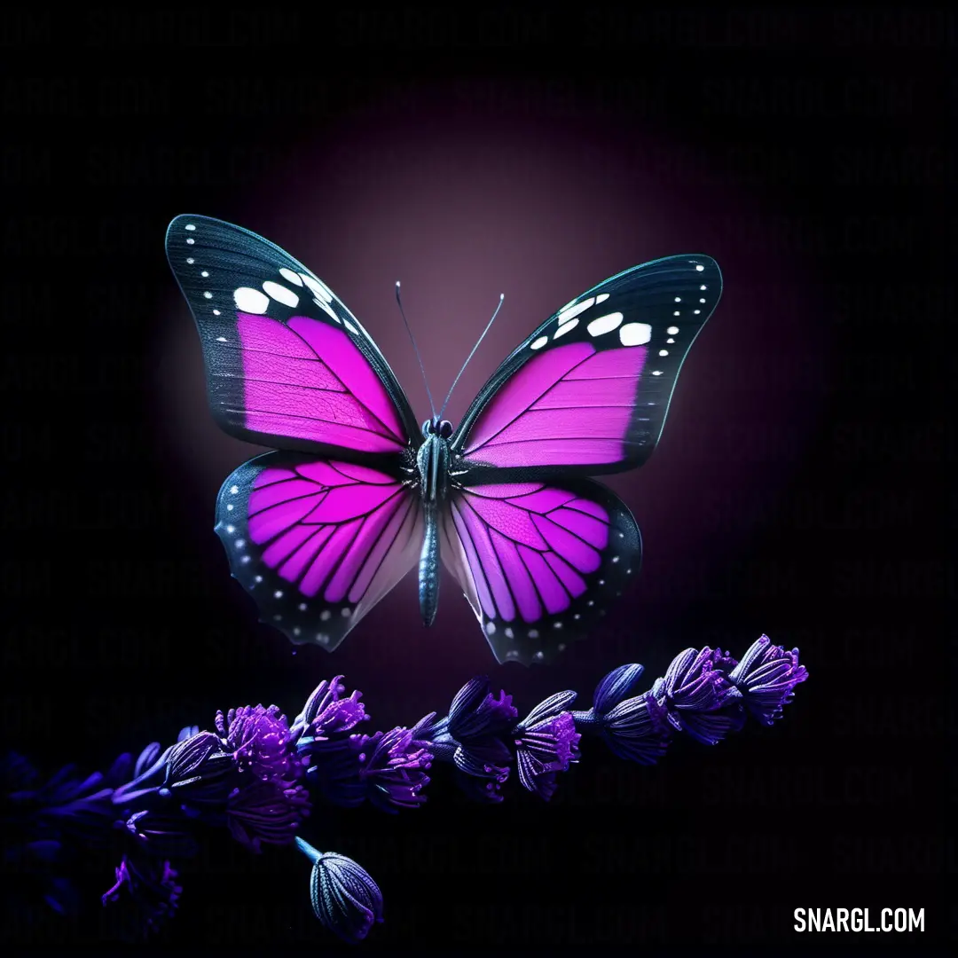 Purple butterfly flying over a purple flower on a black background with a purple border around it