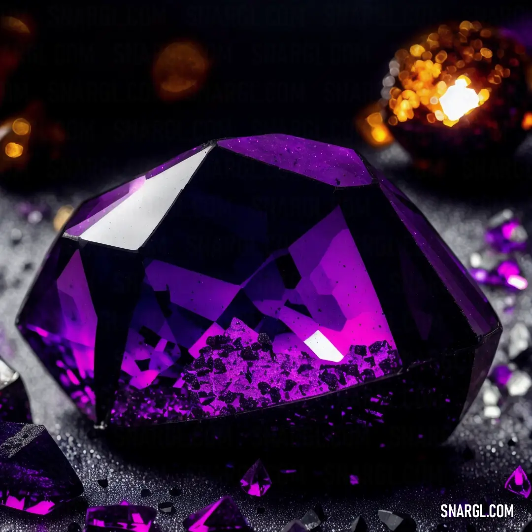 Purple diamond surrounded by other purple diamonds and glitters on a table with a black background and a gold