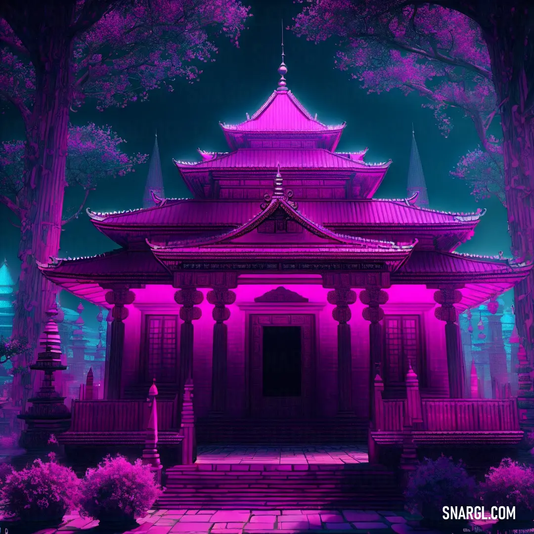 Purple lit building in a forest with trees and bushes around it