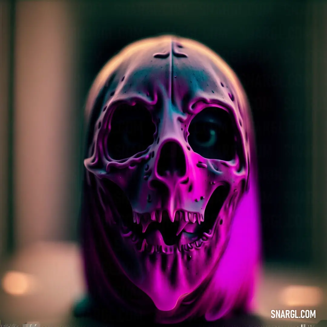 Purple skull with a black face and a black nose and mouth is shown in this image