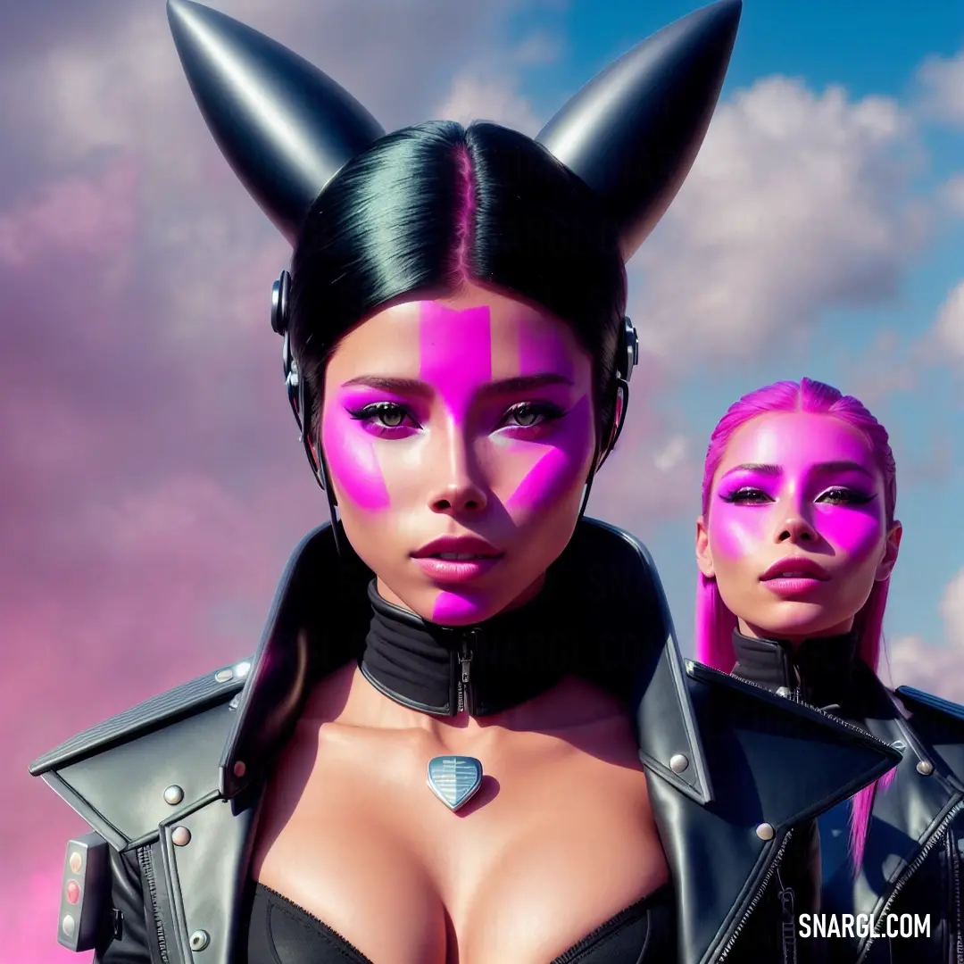 Two women with pink makeup and black leather jackets on their heads and ears