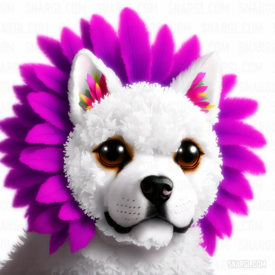 White dog with a purple flower on its head and a pink flower on its head. Example of CMYK 0,100,0,20 color.
