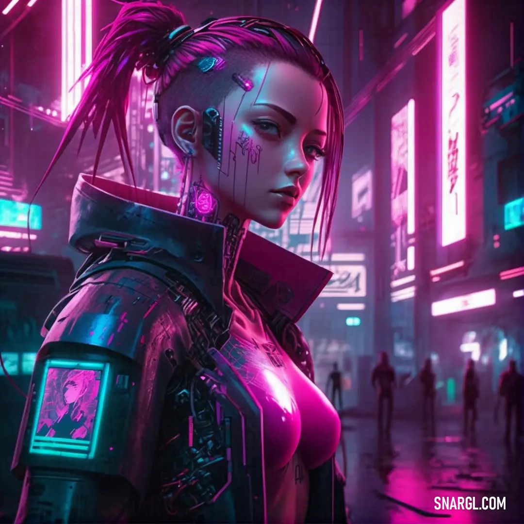 Woman in a futuristic city with neon lights and neon signs on the buildings and neon lights on the buildings. Color Deep magenta.