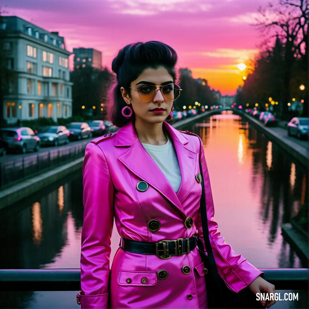 Woman in a pink coat and sunglasses standing on a bridge over a river at sunset with a pink sky. Color #CC00CC.