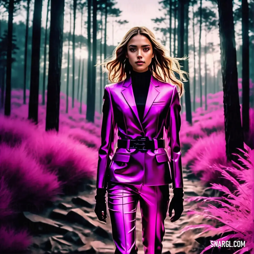 Woman in a purple suit walking through a forest of purple grass and trees with a pink background