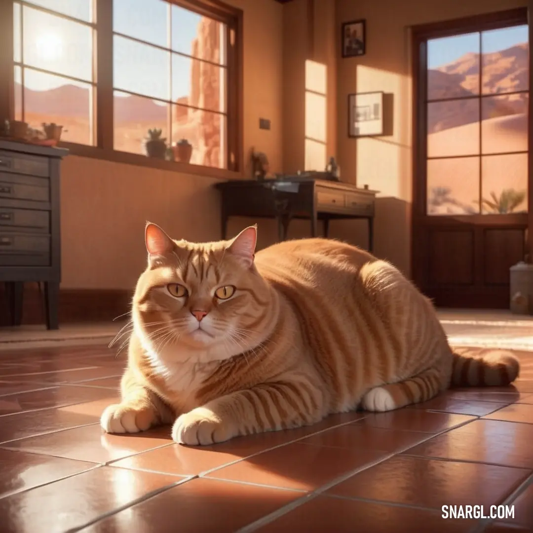 Cat laying on a tiled floor in a room with windows and a dresser in the background. Color CMYK 0,20,36,0.