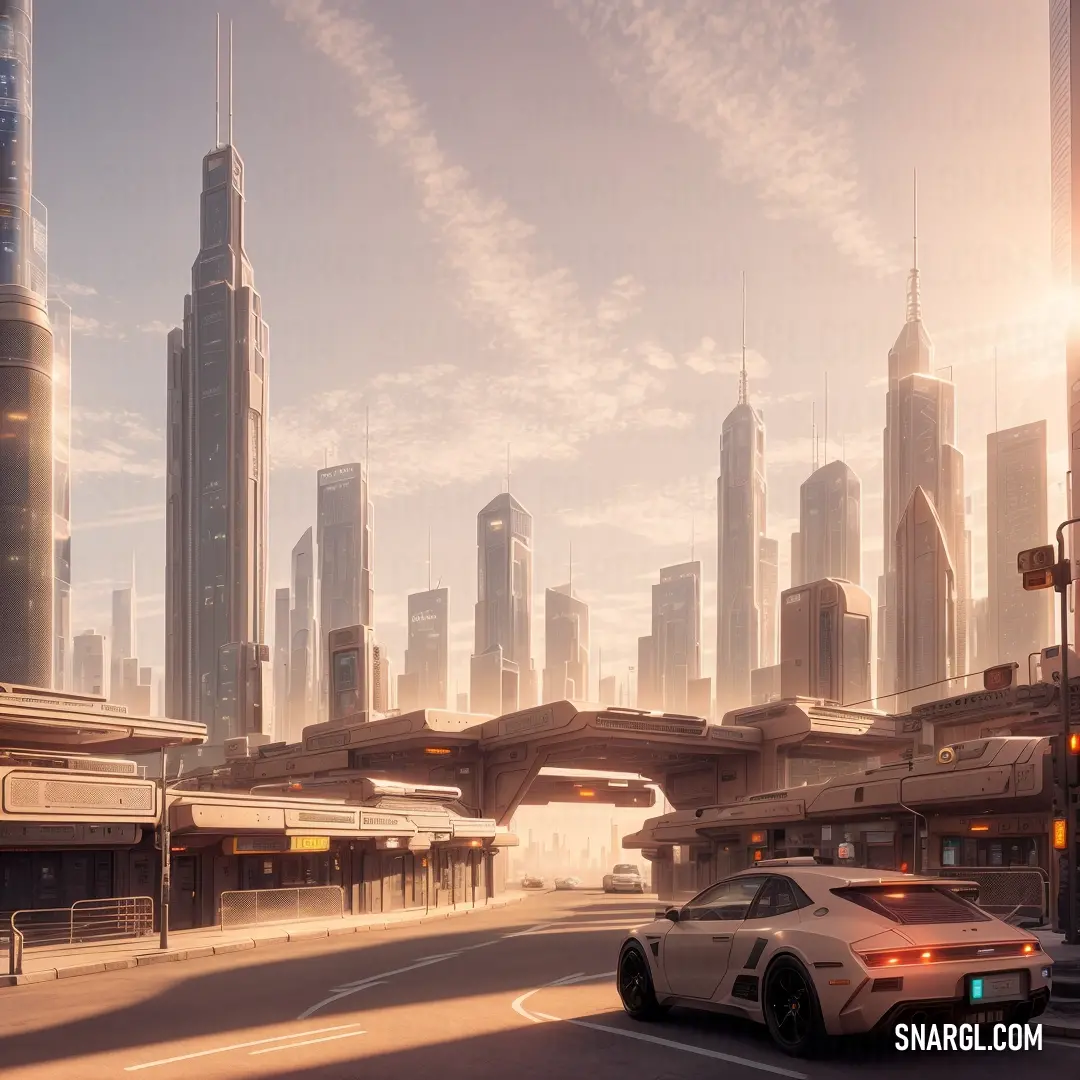 Futuristic city with a futuristic car driving through it's intersection in the foreground