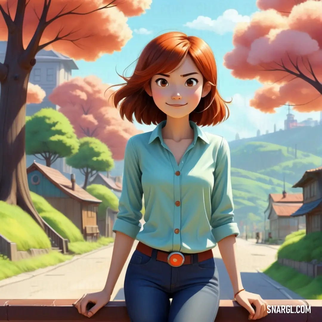 Girl on a ledge in front of a tree filled hillside with houses and a road in the background. Color #FFCBA4.
