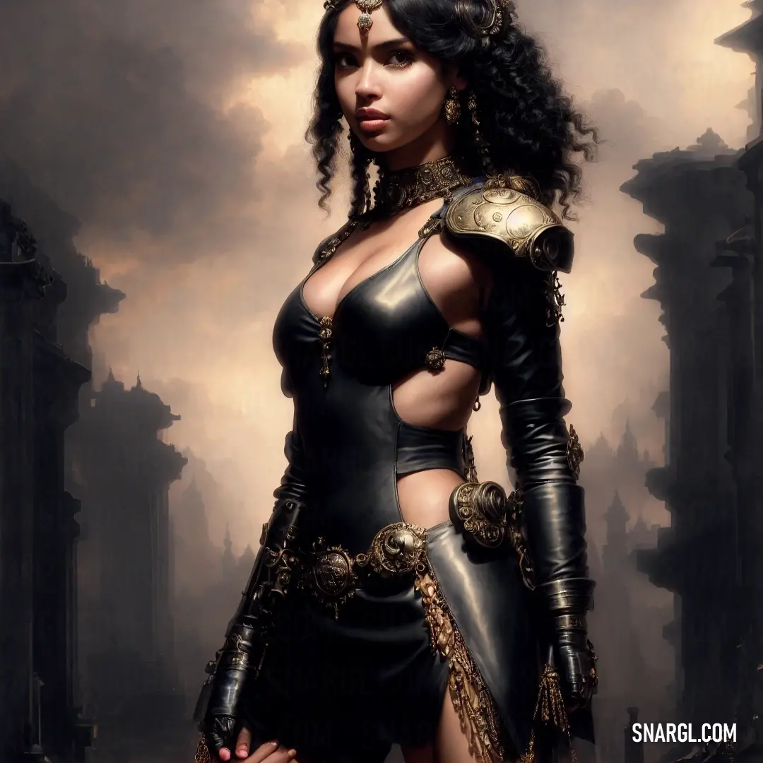 Woman in a black and gold outfit with a sword in her hand and a cloudy sky behind her