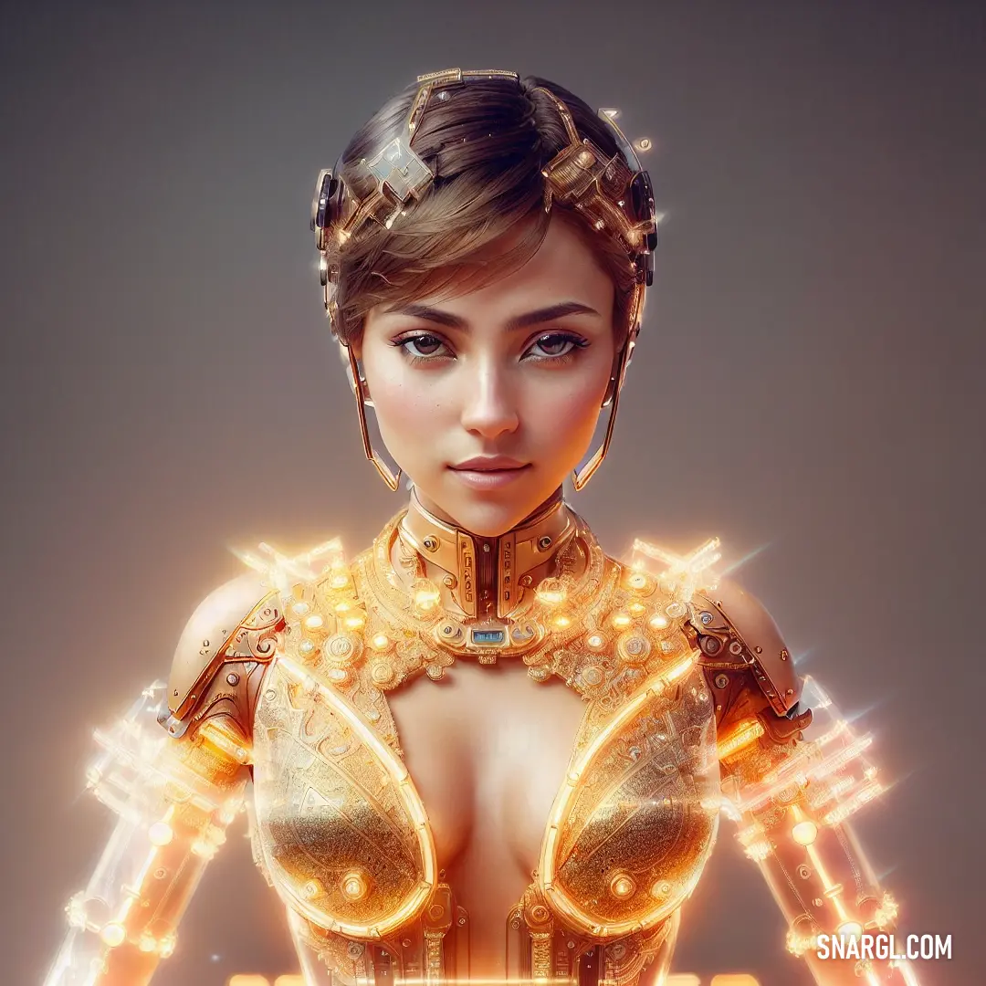 Woman in a futuristic suit with glowing lights around her shoulders and chest
